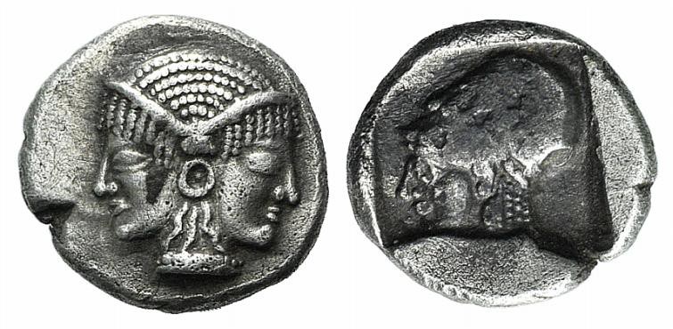 Mysia, Lampsakos, c. 500-450 BC. AR Obol (9mm, 0.85g, 12h). Female janiform head...