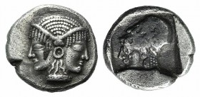 Mysia, Lampsakos, c. 500-450 BC. AR Obol (9mm, 0.85g, 12h). Female janiform head. R/ Helmeted head of Athena l. within incuse square. SNG BnF 1128-31....