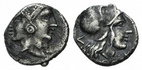 Mysia, Lampsakos, 4th-3rd centuries BC. AR Diobol (10mm, 1.16g, 6h). Female janiform head. R/ Head of Athena r., wearing crested Corinthian helmet. SN...