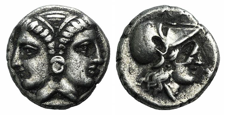 Mysia, Lampsakos, 4th-3rd centuries BC. AR Diobol (9mm, 1.19g, 6h). Female janif...