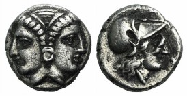 Mysia, Lampsakos, 4th-3rd centuries BC. AR Diobol (9mm, 1.19g, 6h). Female janiform head. R/ Head of Athena r., wearing crested Corinthian helmet. SNG...