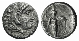 Mysia, Pergamon, c. 310-282 BC. AR Diobol (9.5mm, 1.25g, 12h). Head of Herakles r., wearing lion skin. R/ Athena Promachos standing facing. SNG BnF 15...