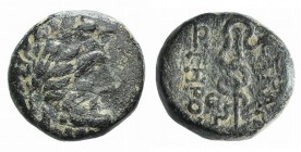 Mysia, Pergamon, c. 133-27 BC. Æ (11mm, 2.52g, 12h). Laureate head of Asklepios r. R/ Serpent-entwined staff of Asklepios. SNG BnF 1828-48. Green pati...