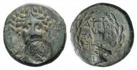 Troas, Alexandreia, c. 164-135 BC. Æ (18mm, 5.18g, 12h). Laureate head of Apollo facing; c/m: female head r. within circular incuse. R/ Lyre; star to ...