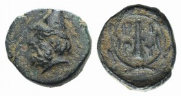 Troas, Birytis, c. 350-300 BC. Æ (11mm, 1.25g, 9h). Head of Kabeiros l., wearing pileos; two stars above. R/ Club within wreath. SNG Copenhagen 249. G...