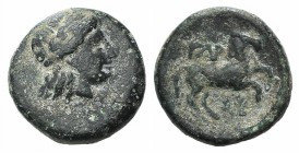 Troas, Gargara, 4th century BC. Æ (12mm, 2.02g, 12h). Laureate head of Apollo r. R/ Horse running r.; wreath below. SNG Copenhagen 316 var. (symbol); ...