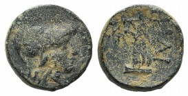 Troas, Ilion, c. 159-119 BC. Æ (12mm, 2.55g, 1h). Helmeted head of Athena r. R/ Athena Ilias advancing l., holding distaff and spear. SNG Copenhagen 3...