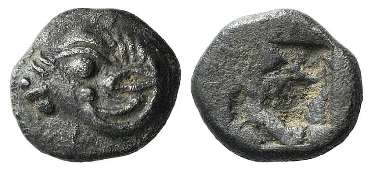 Troas, Kebren, 5th century BC. AR Obol (6.5mm, 0.54g). Head of ram l. R/ Incuse ...