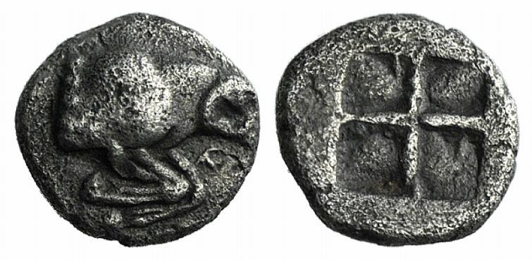Troas, Kebren, 5th century BC. AR Obol (7mm, 0.51g). Forepart of ram r. R/ Quadr...