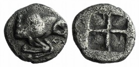 Troas, Kebren, 5th century BC. AR Obol (7mm, 0.51g). Forepart of ram r. R/ Quadripartite incuse square. SNG Ashmolean 1084–5; SNG Copenhagen 257; Rose...