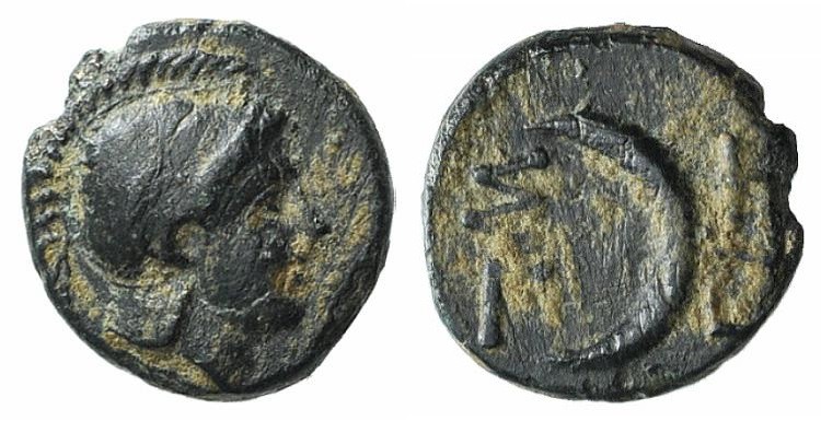 Troas, Sigeion, c. 4th-3rd centuries BC. Æ (8mm, 0.81g, 6h). Helmeted head of At...