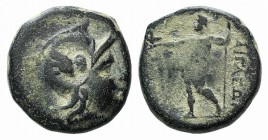 Aeolis, Aigai, c. 2 nd-1st century BC. Æ (17.5mm, 6.40g, 12h). Helmeted head of Athena r.; c/m on helmet: owl standing r. R/ Zeus standing l., holding...