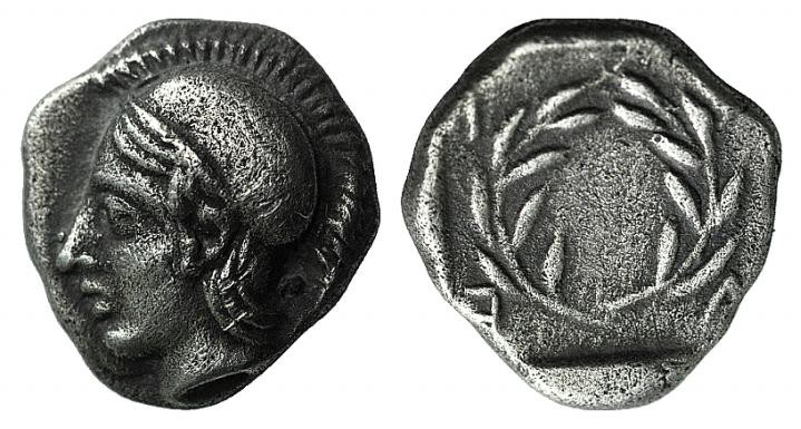 Aeolis, Elaia, c. 450-400 BC. AR Diobol (9mm, 1.24g, 12h). Helmeted head of Athe...