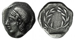 Aeolis, Elaia, c. 450-400 BC. AR Diobol (9mm, 1.24g, 12h). Helmeted head of Athena l. R/ Laurel wreath within incuse square. SNG Copenhagen 166. Sligh...