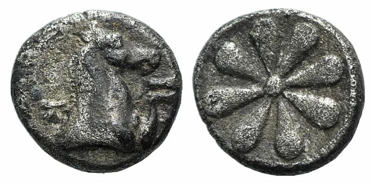 Aeolis, Kyme, 6th century BC. AR Hemiobol (5.5mm, 0.34g). Forepart of horse r. R...
