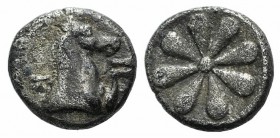 Aeolis, Kyme, 6th century BC. AR Hemiobol (5.5mm, 0.34g). Forepart of horse r. R/ Floral pattern. SNG Copenhagen 34; SNG Kayhan 91; SNG von Aulock 769...