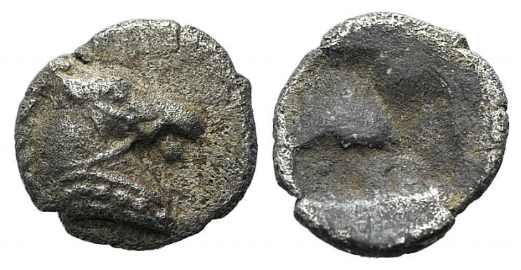 Aeolis, Kyme, c. 480-450 BC. AR Tetartemorion (5mm, 0.28g). Horse head r. R/ Qua...