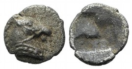 Aeolis, Kyme, c. 480-450 BC. AR Tetartemorion (5mm, 0.28g). Horse head r. R/ Quadripartite incuse square. Klein 332. VF