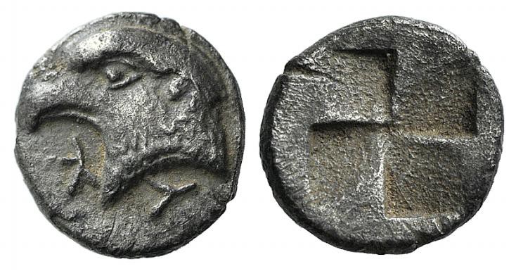 Aeolis, Kyme, c. 450-400 BC. AR Hemiobol (6.5mm, 0.47g). Head of eagle l.; retro...