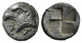 Aeolis, Kyme, c. 450-400 BC. AR Hemiobol (6.5mm, 0.47g). Head of eagle l.; retrograde K to l. R/ Quadripartite incuse square. SNG von Aulock 1623. Goo...