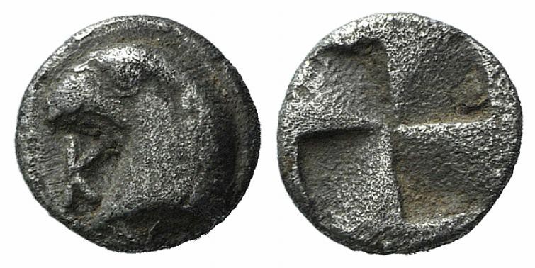 Aeolis, Kyme, c. 450-400 BC. AR Hemiobol (6mm, 0.45g). Head of eagle l.; K to l....
