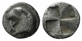 Aeolis, Kyme, c. 450-400 BC. AR Hemiobol (6mm, 0.45g). Head of eagle l.; K to l. R/ Quadripartite incuse square. Klein 333; SNG Copenhagen 31. VF