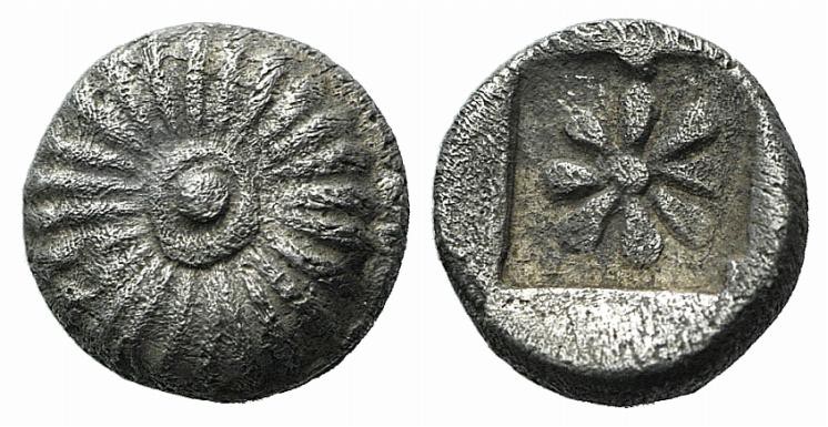 Ionia, Erythrai, c. 480-450 BC. AR Hemiobol (5mm, 0.44g). Rosette. R/ Simpler ro...