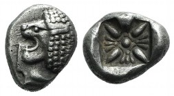 Ionia, Miletos, late 6th-early 5th century BC. AR Diobol (9mm, 1.19g). Forepart of a lion r., head l. R/ Stellate design within square incuse. SNG Kay...