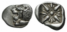 Ionia, Miletos, late 6th-early 5th century BC. AR Diobol (10mm, 0.98g). Forepart of a lion r., head l. R/ Stellate design within square incuse. SNG Ka...