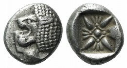 Ionia, Miletos, late 6th-early 5th century BC. AR Diobol (8.5mm, 1.18g). Forepart of a lion r., head l. R/ Stellate design within square incuse. SNG K...