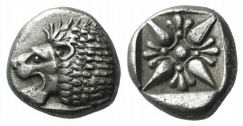 Ionia, Miletos, late 6th-early 5th century BC. AR Diobol (7mm, 1.04g). Forepart of a lion r., head l. R/ Stellate design within square incuse. SNG Kay...