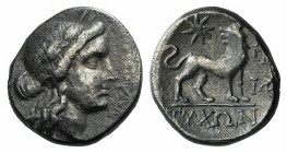 Ionia, Miletos, c. 225-190 BC. AR Drachm (16mm, 4.79g, 12h). Tychon, magistrate. Laureate head of Apollo r. R/ Lion standing r., head l.; star above; ...