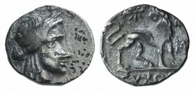 Ionia, Miletos, c. 225-190 BC. AR Drachm (18mm, 4.65g, 12h). Tychon, magistrate. Laureate head of Apollo r. R/ Lion standing r., head l.; star above; ...