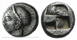 Ionia, Phokaia, c. 521-478 BC. AR Diobol (8mm, 1.25g). Archaic female head l. R/ Quadripartite incuse square. Klein 452-3. About VF