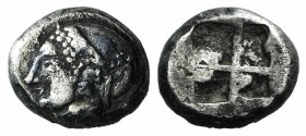 Ionia, Phokaia, c. 521-478 BC. AR Diobol (8.5mm, 1.17g). Archaic female head l. R/ Quadripartite incuse square. Klein 452-3. Near VF