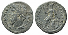 Lydia, Maeonia. Pseudo-autonomous issue, 2nd century AD. Æ (24mm, 7.87g, 6h). Diodoros, first archon. Head of Zeus Olympios wearing taenia, l.; with t...