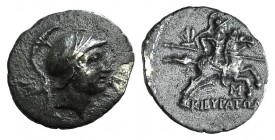 Phrygia, Kibyra, c. 166-84 BC. AR Drachm (17mm, 2.71g, 12h). Male head r. wearing crested helmet. R/ Horseman galloping r., holding couched spear and ...