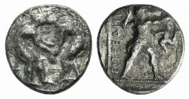 Pamphylia, Aspendos, c. 400-380 BC. AR Stater (22mm, 10.60g, 12h). Two wrestlers grappling. R/ Slinger in throwing stance r.; triskeles to r.; all wit...