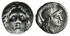 Pisidia, Selge, c. 350-300 BC. AR Obol (8.5mm, 0.93g, 9h). Facing gorgoneion. R/ Helmeted head of Athena r., astralagos behind. SNG BnF 1934. VF