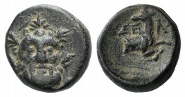 Pisidia, Selge, 2nd-1st century. Æ (11mm, 2.39g, 12h). Laureate and bearded head of Herakles facing, lion-skin around neck; club to l. R/ Forepart of ...