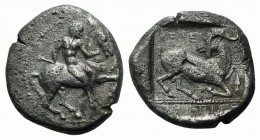 Cilicia, Kelenderis, c. 420-410 BC. AR Stater (22mm, 9.92g, 3h). Nude youth, holding whip, dismounting from horse rearing r. R/ Goat kneeling r., head...
