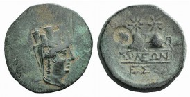 Cilicia, Soloi, c. 2nd century-66 BC. Æ (21mm, 5.92g, 12h). Turreted, veiled and draped bust of Tyche r. R/ Filleted piloi of the Dioskouroi surmounte...