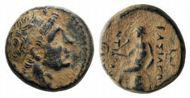 Seleukid Kings, Antiochos I (281-261 BC). Æ (15mm, 4.48g, 3h). Antioch on the Orontes. Diademed head r. R/ Apollo Delphios seated l.; monogram to l. a...