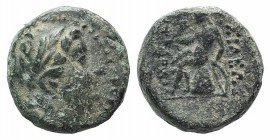 Seleukid Kings, Antiochos III (222-187 BC). Æ (12mm, 3.17g, 1h). Sardis. Laureate head of Apollo r. R/ Apollo seated l. on omphalos, holding arrow and...