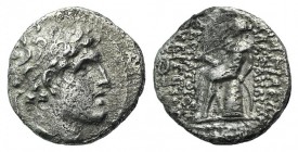 Seleukid Kings, Alexander I Balas (152-145 BC). AR Drachm (16mm, 3.77g, 12h). Antioch, c. 149/8-148/7. Diademed head r. R/ Apollo seated l. on omphalo...