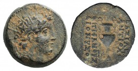 Seleukid Kings, Antiochos VI (145-142 BC). Æ (20mm, 6.90g, 12h). Apamea on the Orontes. Radiate and diademed head . R/ Amphora; palm to r.; [monogram ...