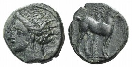 Carthage, c. 400-350 BC. Æ (15mm, 2.62g, 9h). Wreathed head of Tanit l. R/ Horse standing r. before palm tree. MAA 18; SNG Copenhagen 109-19. Green pa...