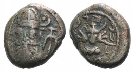 Kings of Elymais. Orodes II (c. AD 150-200). Æ Drachm (14mm, 3.78g, 12h). Bearded facing bust wearing tiara; crescent and anchor to r. R/ Aramaic lege...