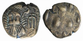 Kings of Elymais, Orodes II (c. AD 100-150). Æ Drachm (15mm, 3.92g). Facing bust wearing tiara; anchor to r. R/ Dashes. Van’t Haaff Type 13.3. VF