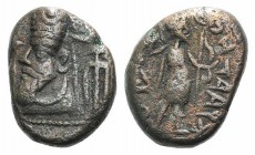 Kings of Elymais, Phraates (c. AD 100-150). Æ Drachm (14mm, 3.68g, 12h). Facing bust wearing tiara; anchor to r. R/ Artemis standing r., holding bow a...